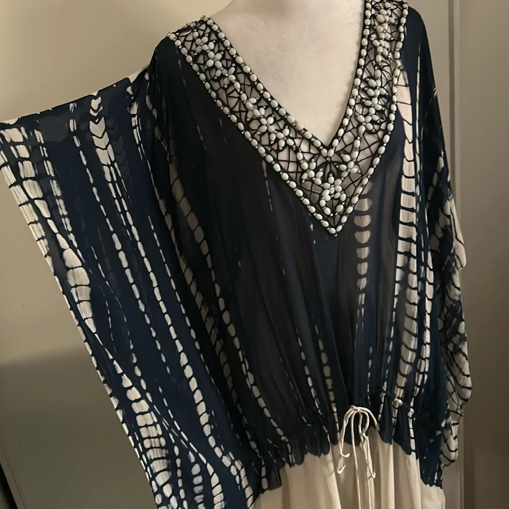 New Women's Debbie Katz South Beach Silk Beaded Kraftan Swimsuit Beach Coverup - Picture 1 of 12
